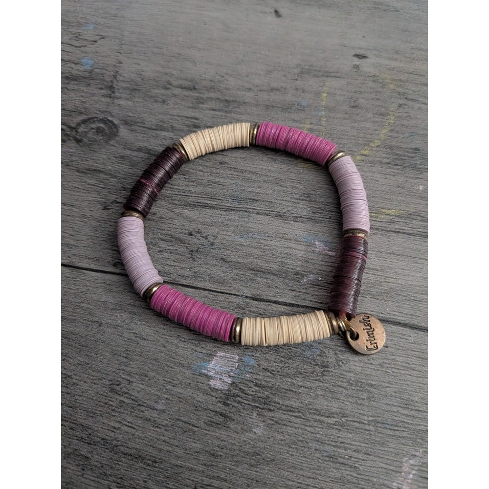 Erimish Multi Color Heishi Bead Stretch Bracelet Purple Plum Cream Gold Tone